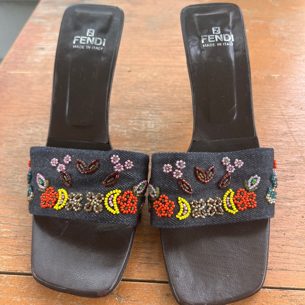 Used and re-soled Fendi size 7.5 beaded denim heels